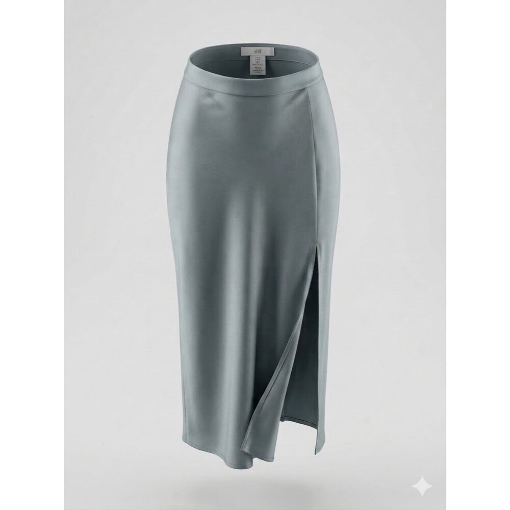 H&M Sage Green/Blue Lyocell Midi Skirt Sz M Front Slit Minimalist Slip Boho Y2K